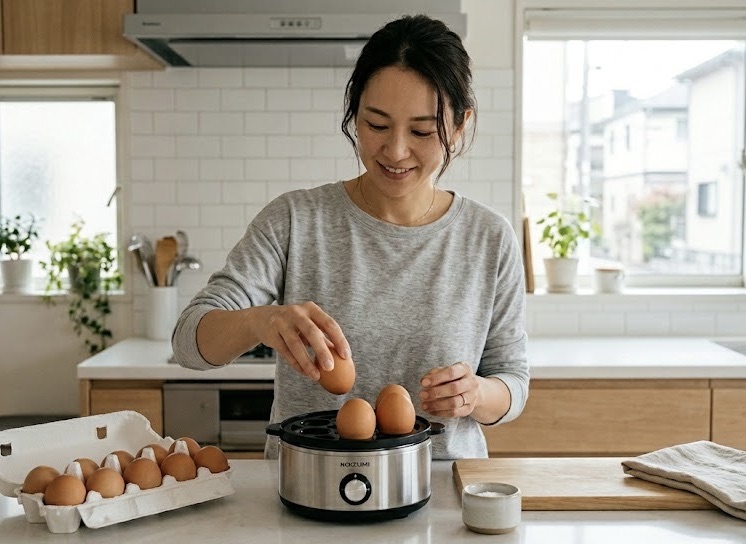 ゆで卵調理器に卵をセットして調理を始める