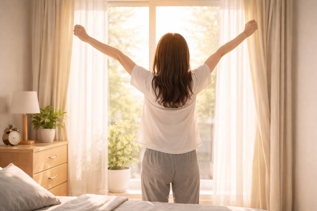 一日の始まりに朝日を浴びて気分が良くなる女性