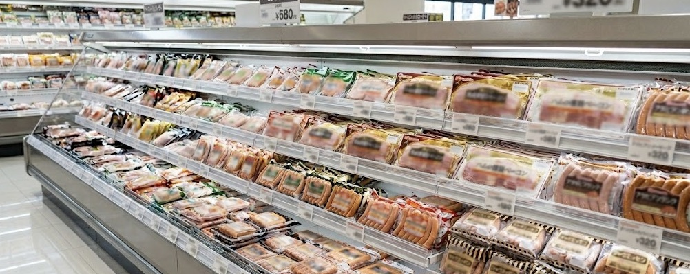 ハムやベーコンが陳列されているスーバーの売り場