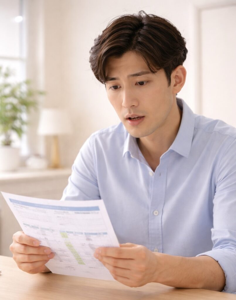 健康診断書の結果を確認してショックを受ける男性