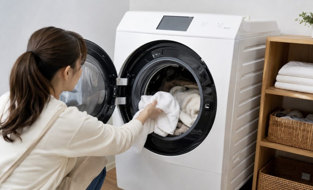 ドラム式洗濯機に洗濯物を取り込む