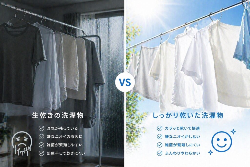 部屋干しと外干しの比較