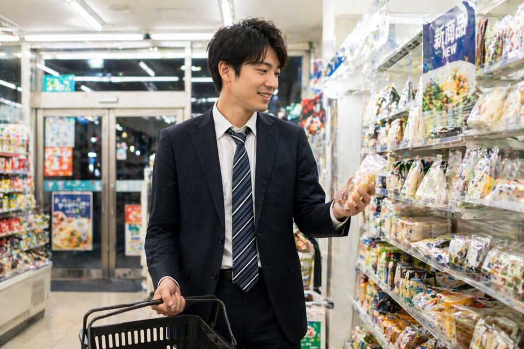 仕事終わりにコンビニで買い物するサラリーマン