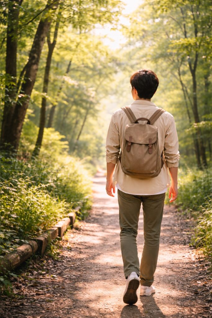自然の中を歩いてリラックスする様子