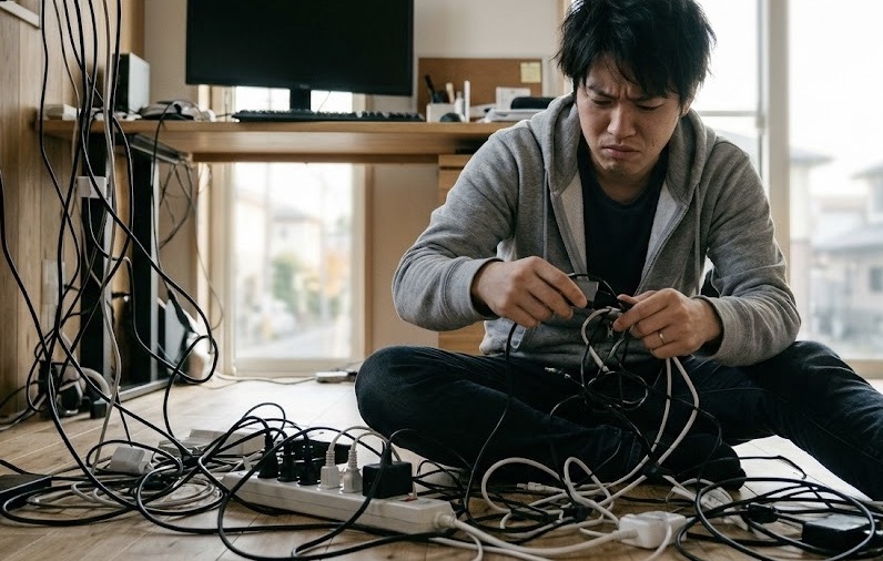 ケーブル配線で苦戦している男性