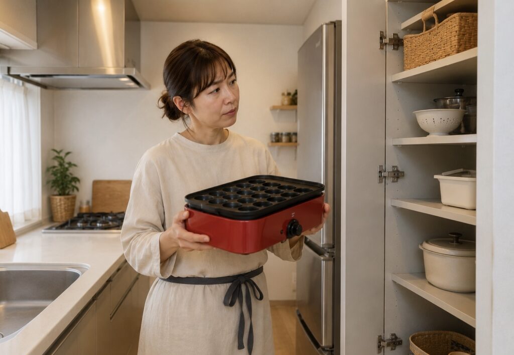 買ったばかりの調理器をしまうスペースに迷っている