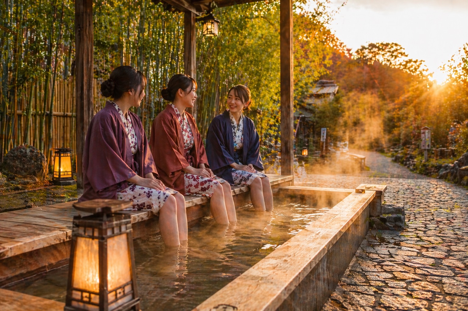 旅行先で足湯を楽しむ様子