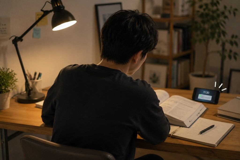 勉強中にスマホの通知が鳴って集中力が奪われている