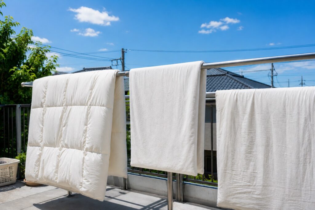 寝具を外に干して乾燥させる