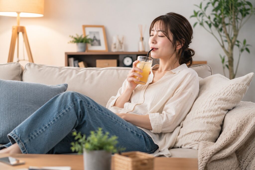 リラックスしながらジュースを飲む