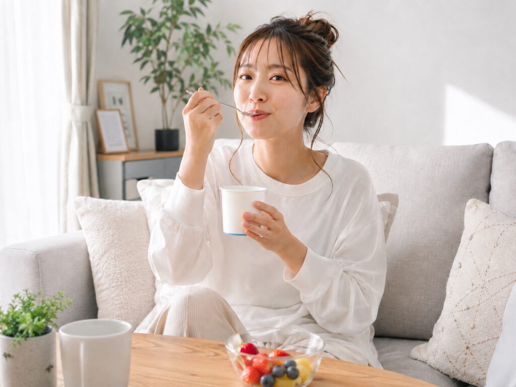 ヨーグルトを美味しそうに食べる