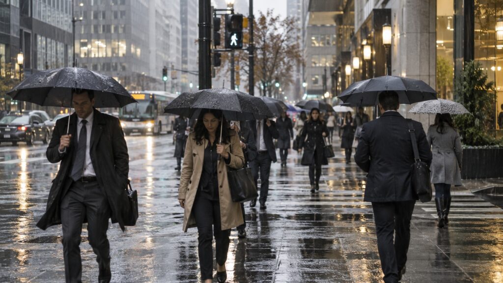雨の中出勤する様子