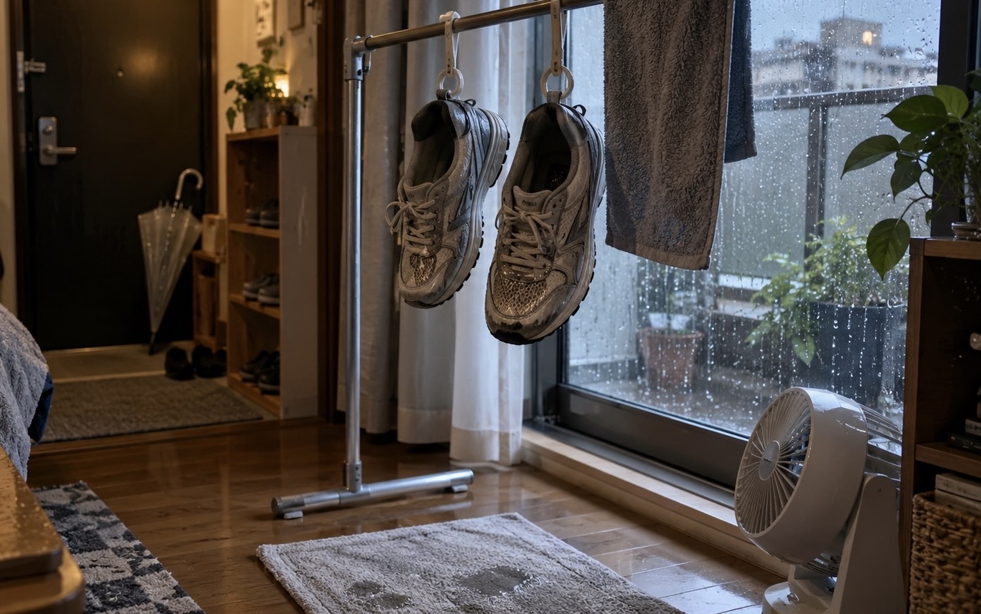 雨で濡れた靴を乾かす
