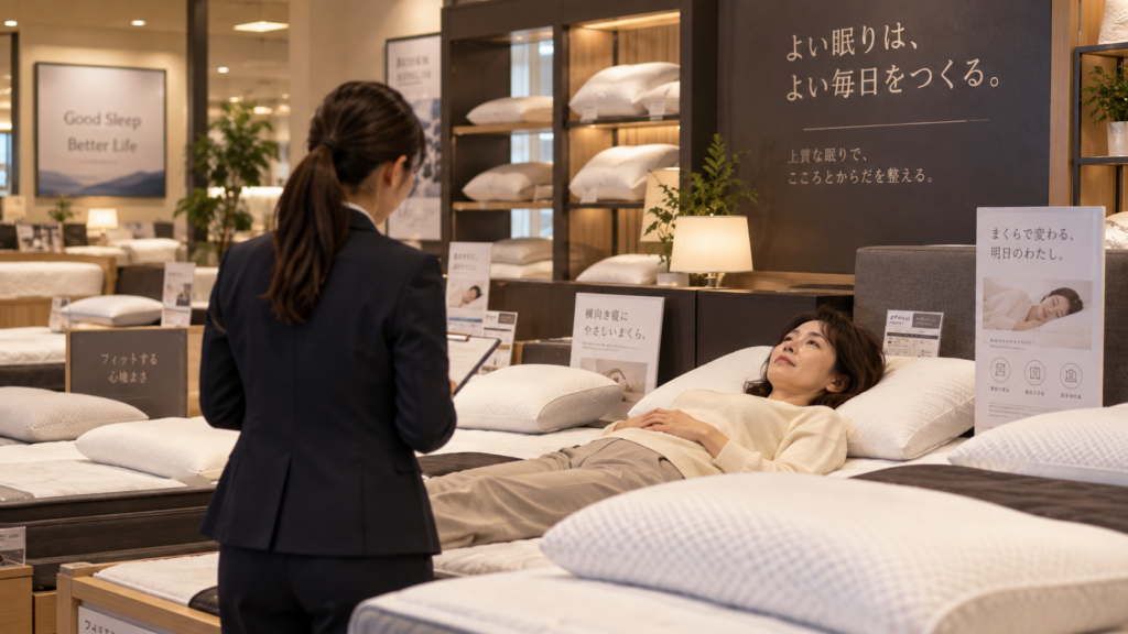 店頭で寝具の使い心地を確認する