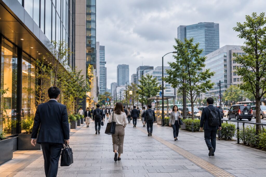 都会の朝に会社に出社する様子